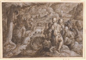 Mannen jagen op steenbokken met honden door Jan van der Straet