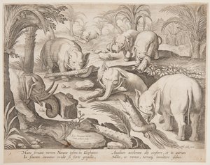 Olifanten Helpen Elkaar uit een Val, plaat 1 uit de Venationes Ferarum, Avium, Piscium serie