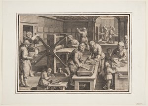 Gravure op metaal; Graveurs op een schip door Jan van der Straet, called Stradanus