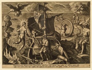 Ferdinandes Magalanes Lusitanus, plaat 4 uit "Americae Retectio" door Jan van der Straet, called Stradanus