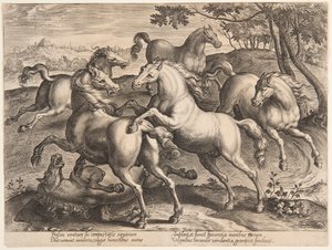 Vechtende Paarden, uit de vierde set van "Equile Joannis Austriaci" door Jan van der Straet, called Stradanus
