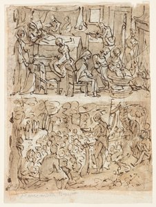 Vier scènes uit het leven van St. Johannes de Doper, voorlopige ontwerpen voor een prentenserie (recto en verso) door Jan van der Straet, called Stradanus