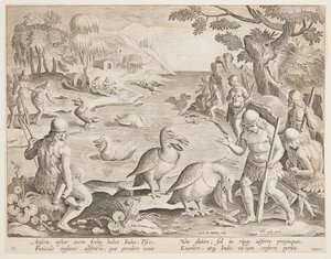 Indianen die vissen vangen met de hulp van pelikanen, plaat 23 in de Venationes Ferarum, Avium, Piscium serie door Jan van der Straet, called Stradanus