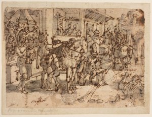 Uitvinding van de stijgbeugel, ontwerp voor "Staphae, sive stapedes," pl. 9 in de Nova Reperta (Nieuwe uitvindingen van moderne tijden) prentserie door Jan van der Straet, called Stradanus