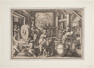 Oleum Olivarum (De productie van olijfolie), plaat 12 in de Nova Reperta (Nieuwe uitvindingen van moderne tijden) door Jan van der Straet, called Stradanus