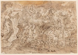 Pagina uit een schetsboek; Apollo en Aurora door Jan van der Straet, called Stradanus
