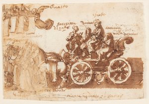 Pagina van een schetsboek; Wagen en drie paarden