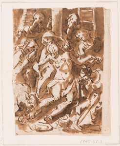 Pagina van een schetsboek; Maria houdt het lichaam van Christus aan de voet van het kruis