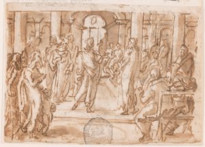 Petrus en Johannes ondervraagd door de Hoge Raad, voorlopige ontwerp voor "Spiritus Scientiae" (De Geest van Wetenschap), plaat 5 in de "Zeven Gaven van de Heilige Geest" prentserie door Jan van der Straet, called Stradanus