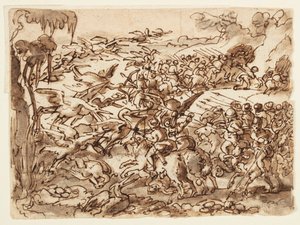 Slag tussen pygmeeën en kraanvogels; verso: inscriptie met betrekking tot Plinius de Oudere
