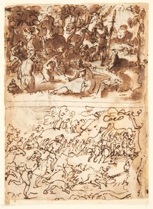 Recto, boven: Diana en Actaeon; Recto, onder: Zwijnenjacht; Verso, boven: studies van twee mannelijke hoofden; Verso, onder: Ontmoeting van Anna en Joachim bij de Gouden Poort, De besnijdenis van het Christuskind