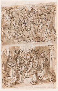 Recto, boven: Jonge St. Johannes de Doper geleid door engelen in de woestijn; Recto, onder: Sacra Conversazione met Sts. Barbara en Catherine; Verso, boven: Kruisiging; Verso, onder: Christus geneest verlamden bij het bad van Bethesda