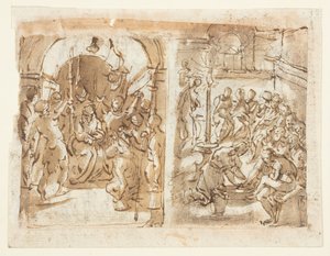 Recto, links: De Bespotting van Christus; Recto, rechts: Christus wast de Voeten van de Apostelen; Verso: Executie van Mary Stuart, Koningin van Schotland in 1587