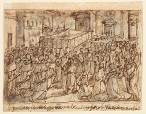 Schetsboekpagina met processie met de hostie en pontificale mis