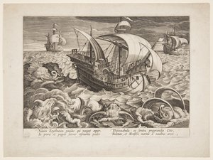 Drie schepen omringd door monsters door Jan van der Straet, called Stradanus