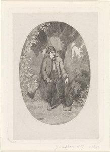 Man bij een boom in een bos door Jan van der Veen (prentmaker)