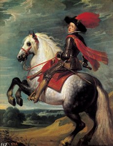 Ruiterportret van Filips IV. Filips IV (1605-1665), koning van Spanje afgebeeld op 20-jarige leeftijd. Schilderij door Jan van Kessel I, genaamd Le Vieux (1626-1679)