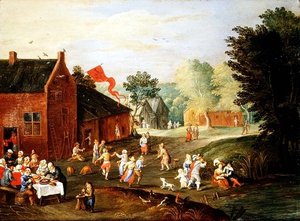 Boerenfeest in een dorp door Jan van the Elder Kessel