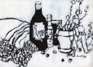 Stilleven met olijfolie en dennenappels door Janel Bragg