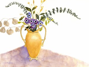 Stilleven met paarse bloemen en Engelse vaas, ca. 2024 (watermedia op papier) door Janel Bragg
