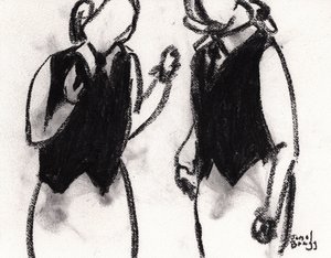 Serveersters in Café Sabarsky ca. 2024 (houtskool op papier) door Janel Bragg