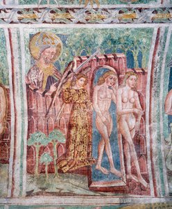 Hrastovlje versterkte kerk, Drievuldigheidskerk, Adam en Eva verdreven uit het Paradijs (1490) (detail)