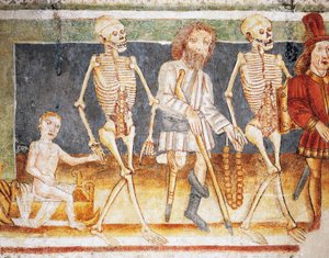 Hrastovlje versterkte kerk, Drievuldigheidskerk, Dood vergezelt kind en arme, Dodendans (1490), (detail) uit fresco
