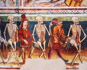 Hrastovlje versterkte kerk, Drievuldigheidskerk, Dood begeleidt koopman en rijke bankier, Dodendans (detail)