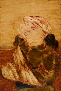 Gewond - Portret van een man met een pet (acryl op papier op board)