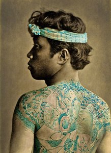 Portret van een man met traditionele Japanse Irezumi-tatoeages, ca. 1880
