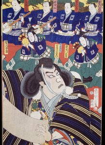 Acteurs, vertellers en shamisen spelers, Kabuki theaterscène