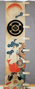 Banner (nobori), detail van motieven van de Zeven Goden van Fortuin, familiewapens, bloem in cirkel, katoen, geverfd in reserve met rijstzetmeel, met pigmenten, inkt, chemicaliën, Japanse beschaving, Meiji-Taisho periode, 20e eeuw door Japanese School