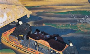 Boot in het maanlicht, illustratie uit het Dagboek van Murasaki Shikibu, Japanse beschaving door Japanese School