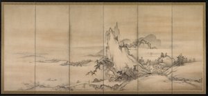 Chinees landschap, een van een paar zesdelige schermen door Japanese School
