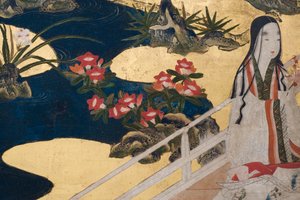 Detail van Lente in het Paleis, zesdelig scherm uit Het Verhaal van Genji, c.1650 (inkt, kleuren & goud op papier) door Japanese School