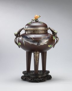 Emaille en zacht-metaal-ingezette ijzeren wierookbrander, verzegeld Koichi Shin (Takasaki Koichi), Meiji Periode