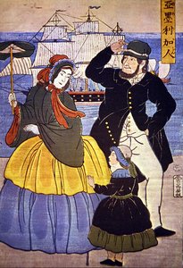 Europese familie aan de havenfront van Yokohama geschilderd door een Japanse kunstenaar in 1861 door Japanese School