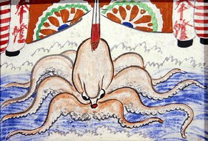 Ex voto die een octopus afbeeldt geplaatst in een Shinto of Boeddhistische tempel