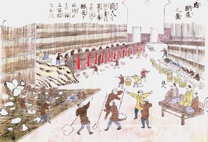 Fabriek voor de bereiding van walvisproducten, eind 19e eeuw (kleurgravure) door Japanese School