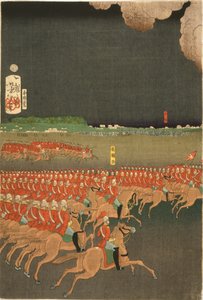 Franse en Britse troepen bezig met militaire trainingsmanoeuvres, Yokohama, Japan. Britse cavalerieoefening. Deel van drieluik door Taiso Yoshitoshi (1839-1892) Japanse Ukiyo-e kunstenaar. Paard