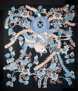 Futonji bedsprei met motieven van feniks, paulownia en narcissen, katoen, geverfd met indigo, pigment en inkt door Japanese School
