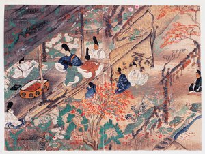 Heian staatsman en dichter Sugawara Michizane, bekend als Tenjin-San, in ballingschap in Kitano Tenman-Gu heiligdom in Kyoto, verdeelt kleding geschonken door voormalig keizer, Kamakura periode, Japan