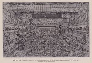 Interieur van een traditioneel Japans Kabuki-theater met de Hanamichi die door het publiek van de achterkant van het theater naar het podium loopt door Japanese School