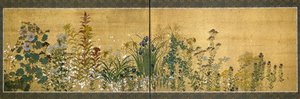 Japanse kunst: schermpanelen versierd met bloemen (stijl van de Rimpa-school)