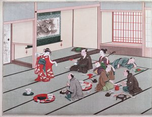 Japanners eten, drinken en worden vermaakt in theehuis