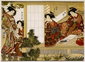 Japanse vrouwen die schrijven en lezen. 18e-eeuwse prent. door Japanese School