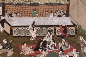 Kabuki-theater op een kermis in Kyoto, illustratie naar een 17e-eeuws schilderij uit 
