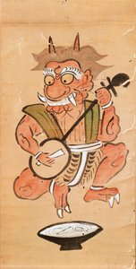 Kakemono met een duivel die de shamisen speelt (inkt en kleur op papieren rol) door Japanese School