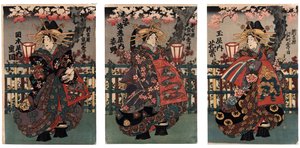 Courtisanes Shigeoka, Sugatano en Hanamurasaki. Drieluik. Uit de serie De schoonheden van de Yoshiwara