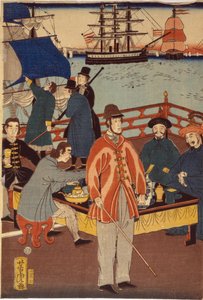 Europese kooplieden nemen verfrissing met Japanners, Yokohama haven, Japan door Japanese School